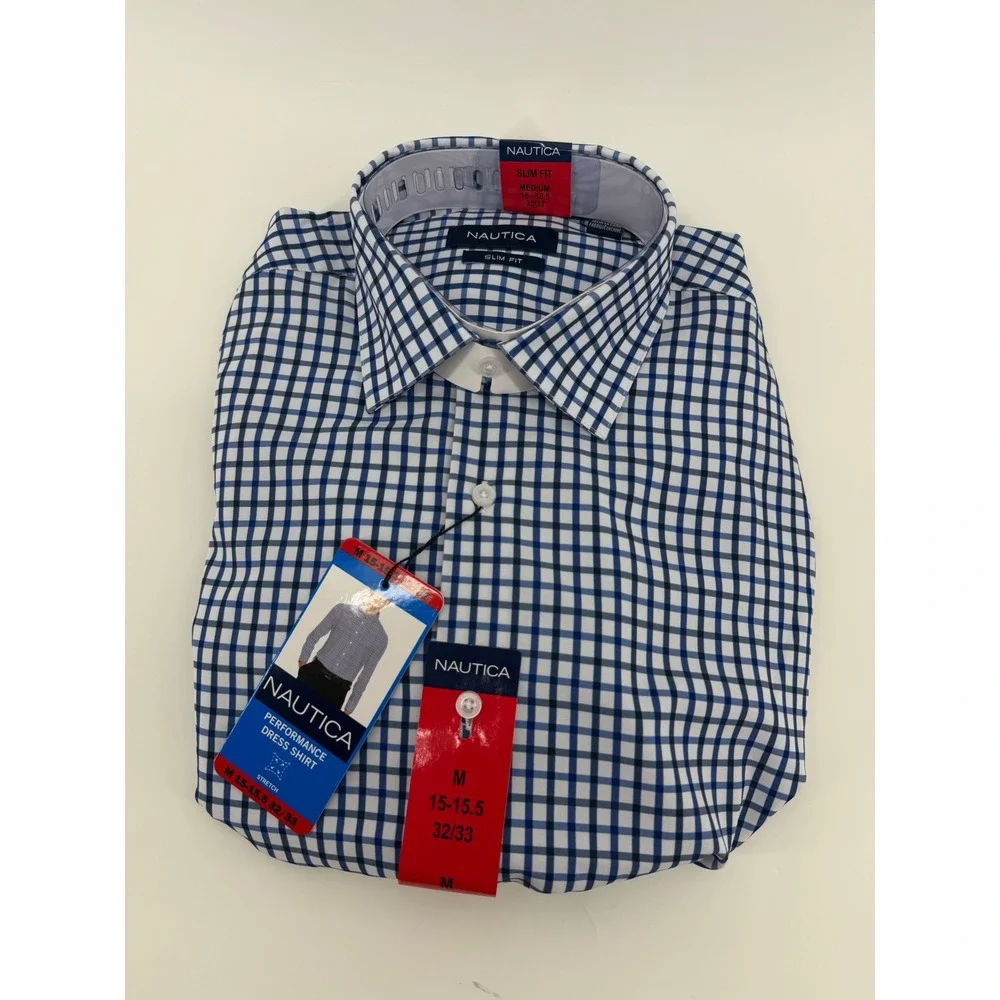 Nautica Mens Performance Dress Shirt‎ Slim Fit Blue White Check M 15-15.5 32/33
